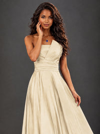 Draped Satin Prom Dress Strapless A-line Formal Dress Floor Length