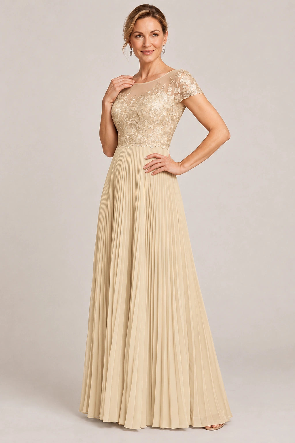 Embroidered Lace Pleated Mother of the Bride Dress