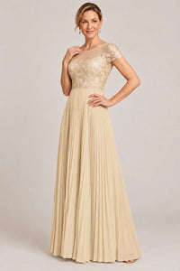 Embroidered Lace Pleated Mother of the Bride Dress