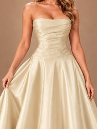 Blush Pink Strapless Satin A-Line Prom Dress with Ruched Bodice