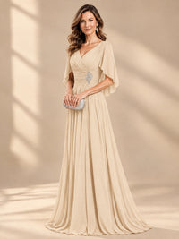 Ruched V Neck Mother of The Bride Dresses with Shawls Appliques and Cap Sleeves