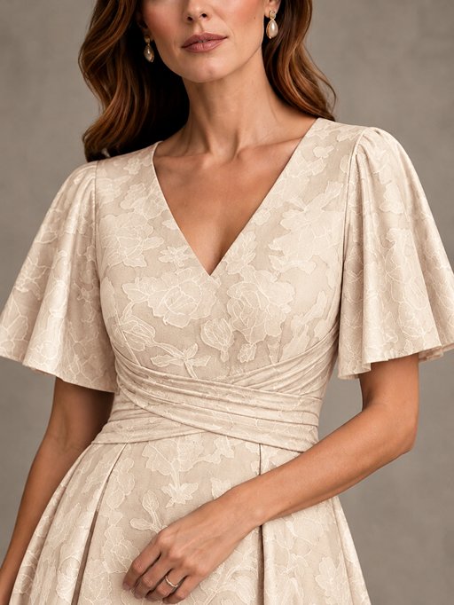 V-Neck Floral Jacquard Tea-Length Mother of the Bride Dress