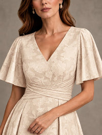 V-Neck Floral Jacquard Tea-Length Mother of the Bride Dress