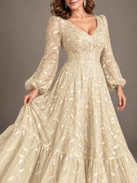Floral Sequin Embroidered A-Line Mother of the Bride Dress with Long Sleeves