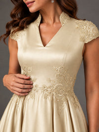 Lace Appliqué A-Line Satin Maxi Dress