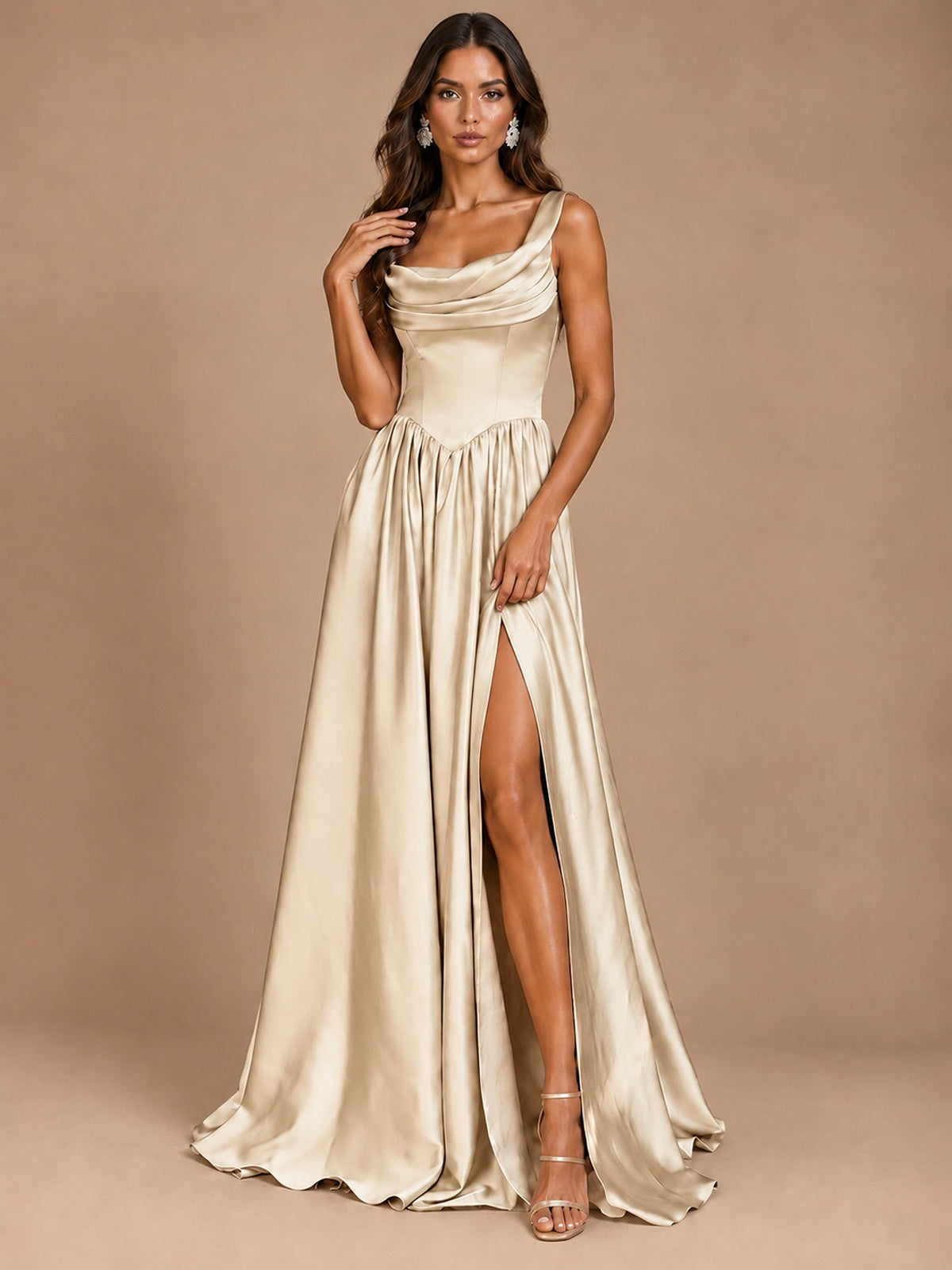 Cowl Neck Pleated Satin Prom Dress with Pockets & Slit Maxi Formal Gowns