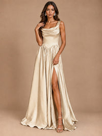 Cowl Neck Pleated Satin Prom Dress with Pockets & Slit Maxi Formal Gowns