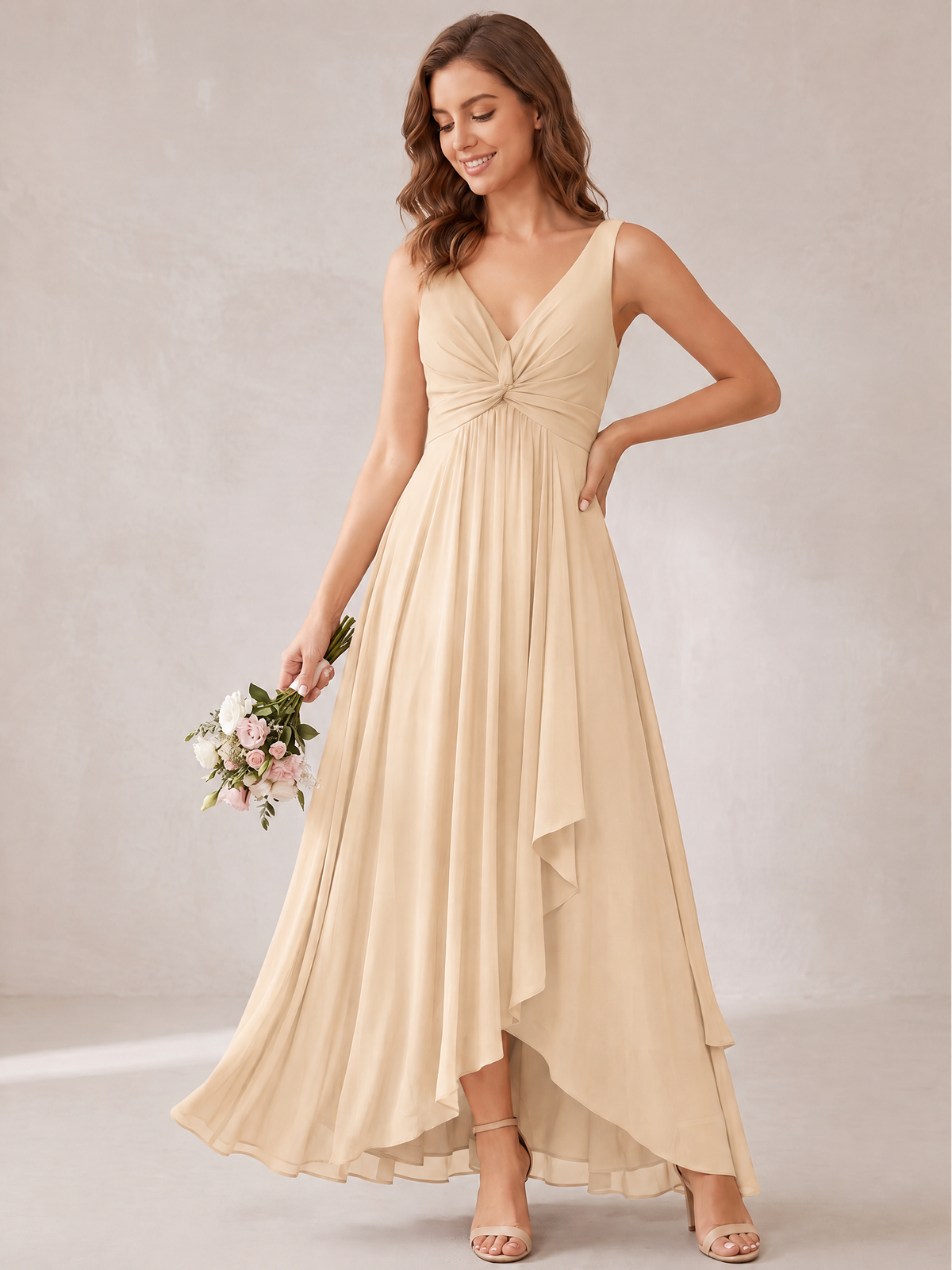 V-Neck High-Low Chiffon Bridesmaid Dress with Ruffles