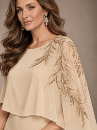 Elegant Chiffon Cape Sleeve Beaded Mother of the Bride Dress