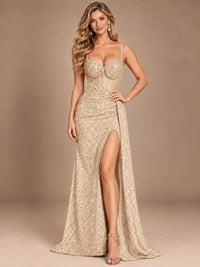 Burgundy Sequin Corset Prom Dress with High Slit