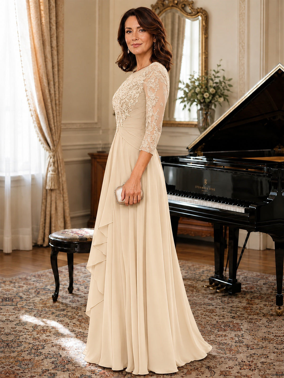 A-Line Chiffon Mother of the Bride Dress with Floral Applique 3/4 Sleeves
