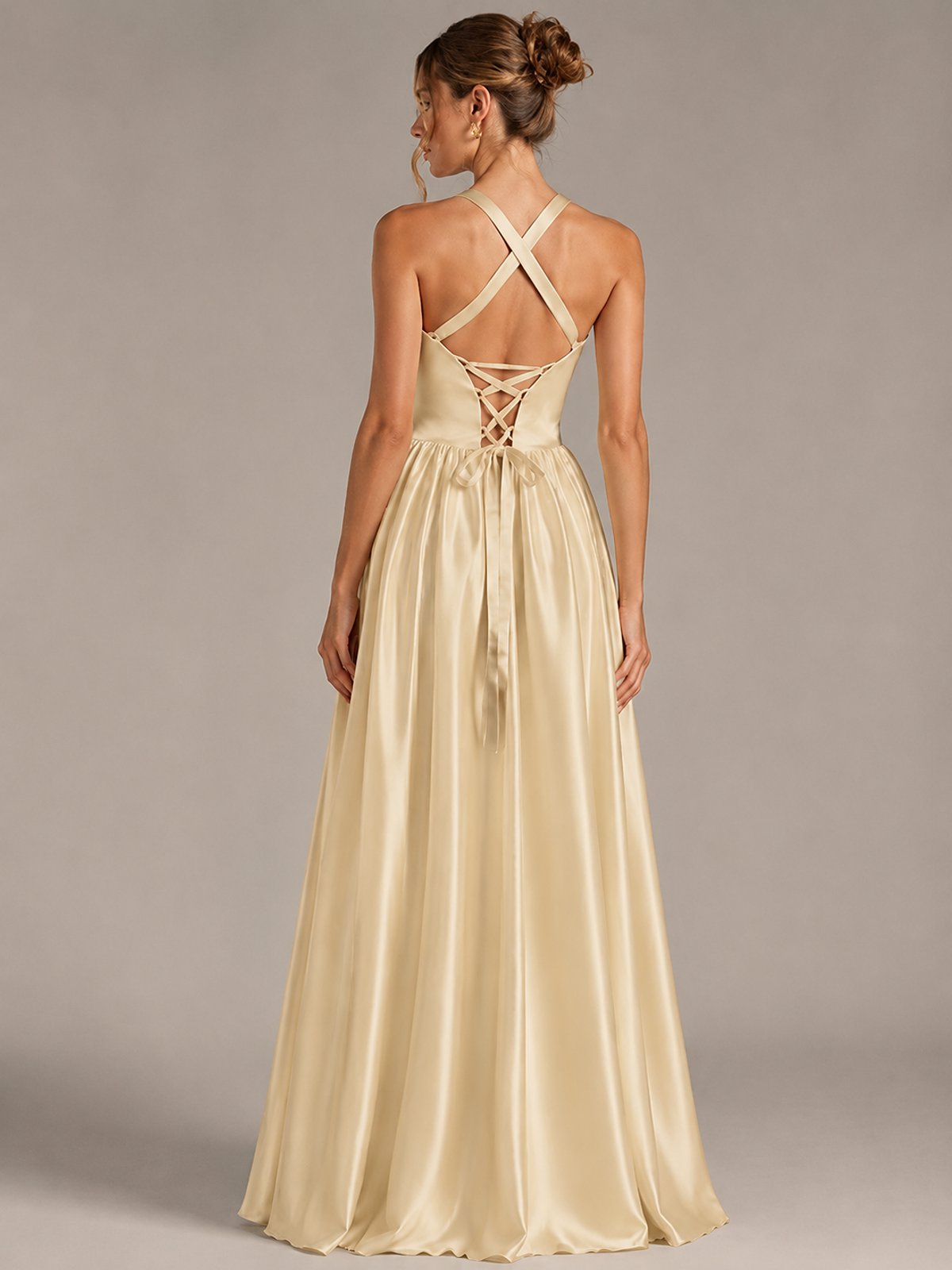Light Yellow Halter Neck Satin A-Line Maxi Dress with Pockets