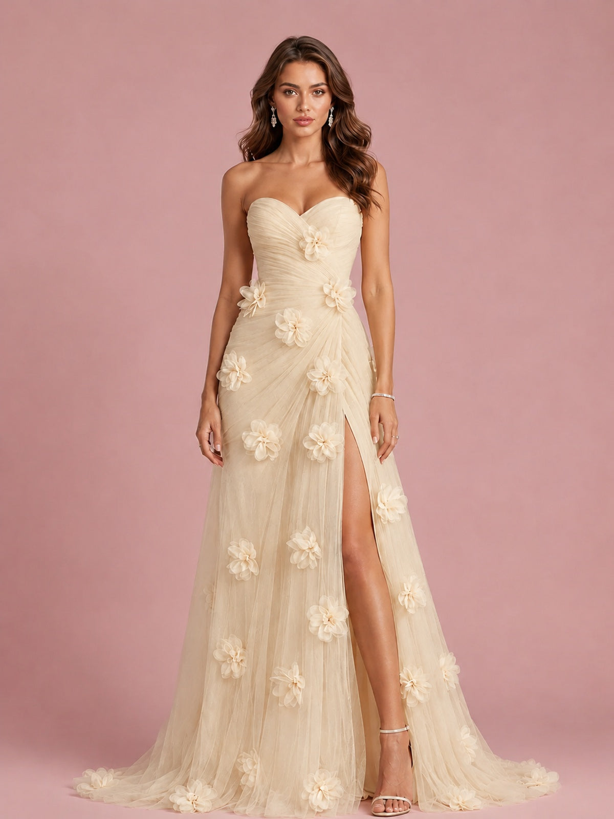 3D Floral Applique Strapless Tulle Prom Dress with High Slit