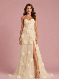3D Floral Applique Strapless Tulle Prom Dress with High Slit