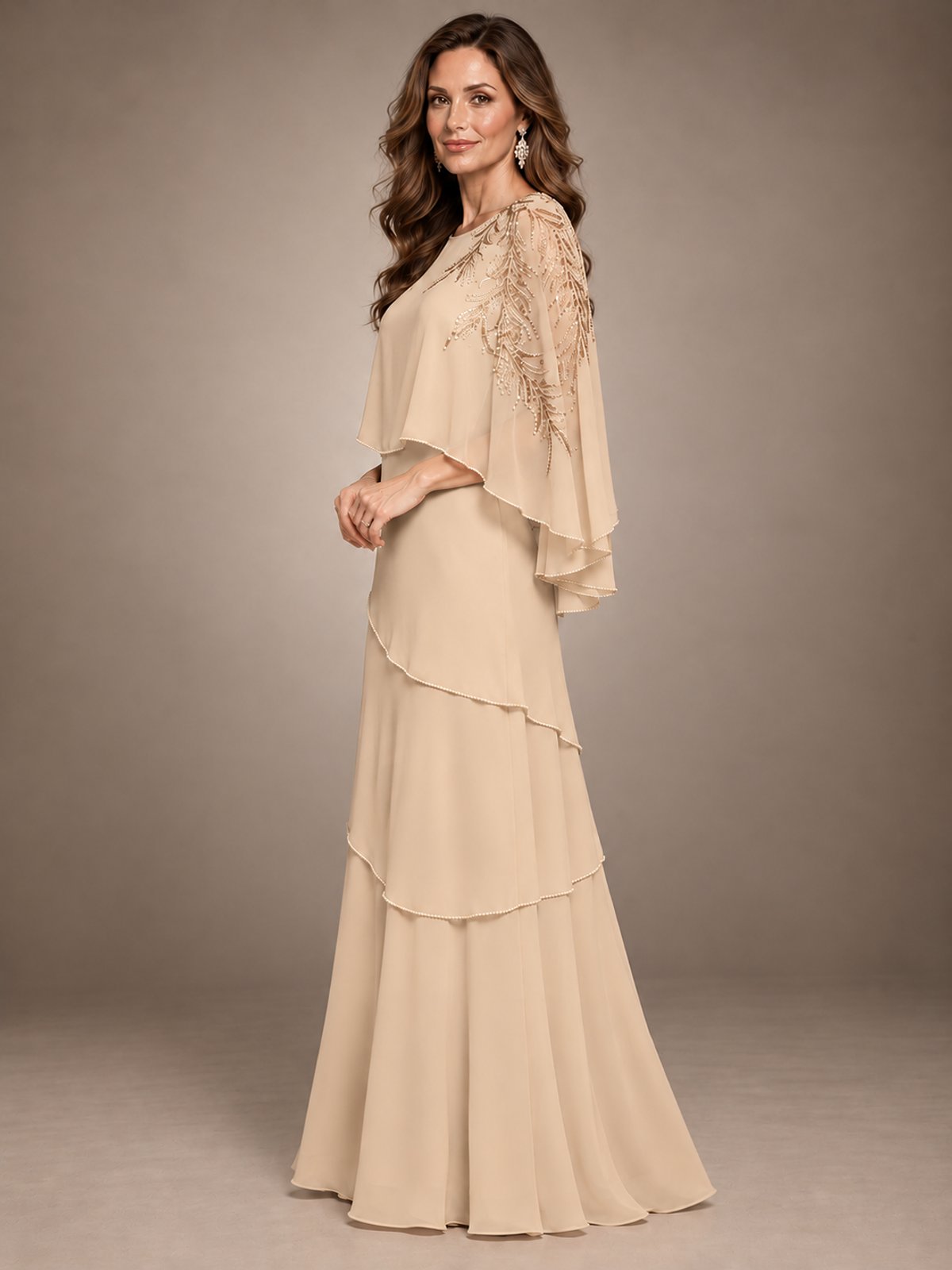Elegant Chiffon Cape Sleeve Beaded Mother of the Bride Dress
