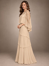 Elegant Chiffon Cape Sleeve Beaded Mother of the Bride Dress