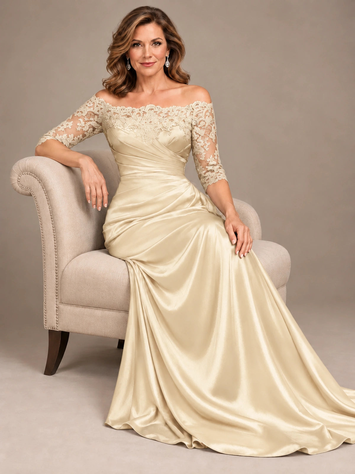 Satin Mother of the Bride Dress with Lace Sleeves Off Shoulder Formal Gown