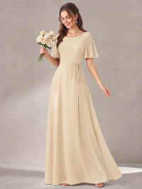 Scoop Neck A-line Chiffon Bridesmaid Dress with Flutter Sleeve & Belt