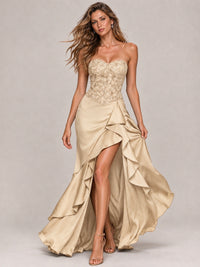 Strapless Lace Appliques Corset Satin Prom Dress Ruffle Slit Evening Gown