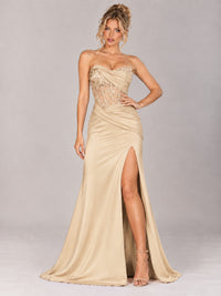 Strapless Satin Prom Dress with Sheer Lace Corset & High Slit