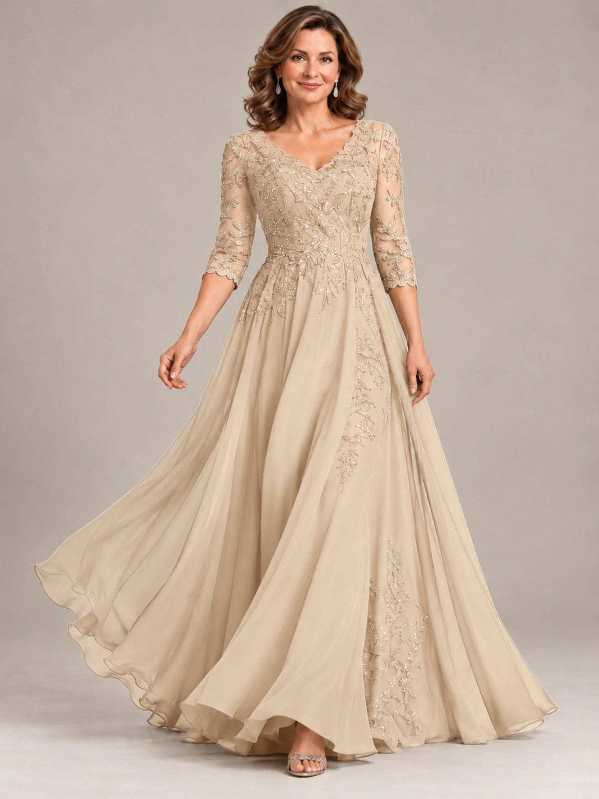 Sequin Lace A-Line Mother of the Bride Dress with 3/4 Sleeves