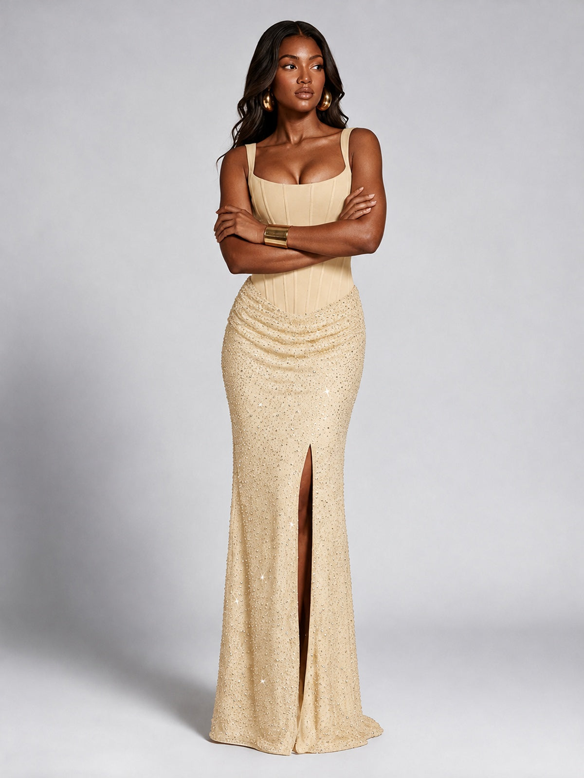 Sequin Corset Mermaid Prom Dress with Square Neck Wide Strap High Slit