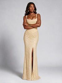 Sequin Corset Mermaid Prom Dress with Square Neck Wide Strap High Slit