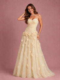 Blush Pink Strapless Sweetheart 3D Floral Tulle Ball Gown Prom Dres