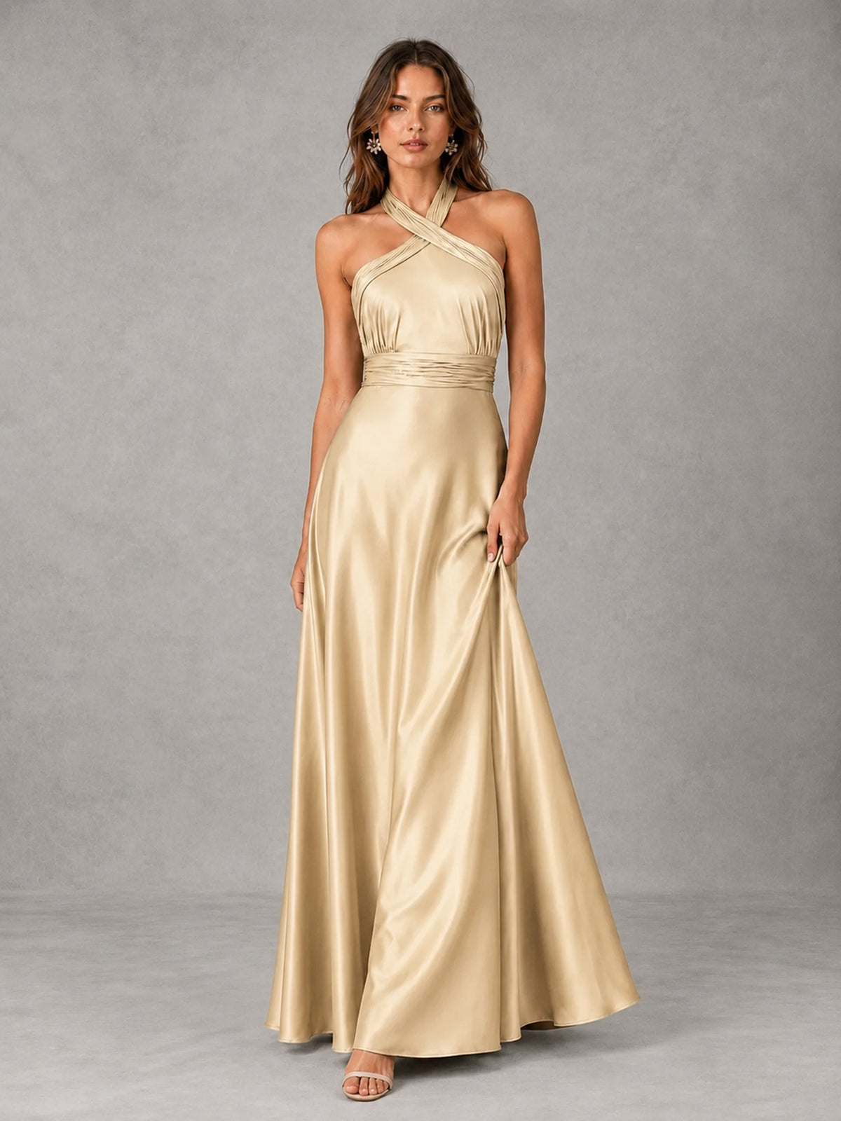 Sage Green Satin A-Line Bridesmaid Dress with Halter Neck