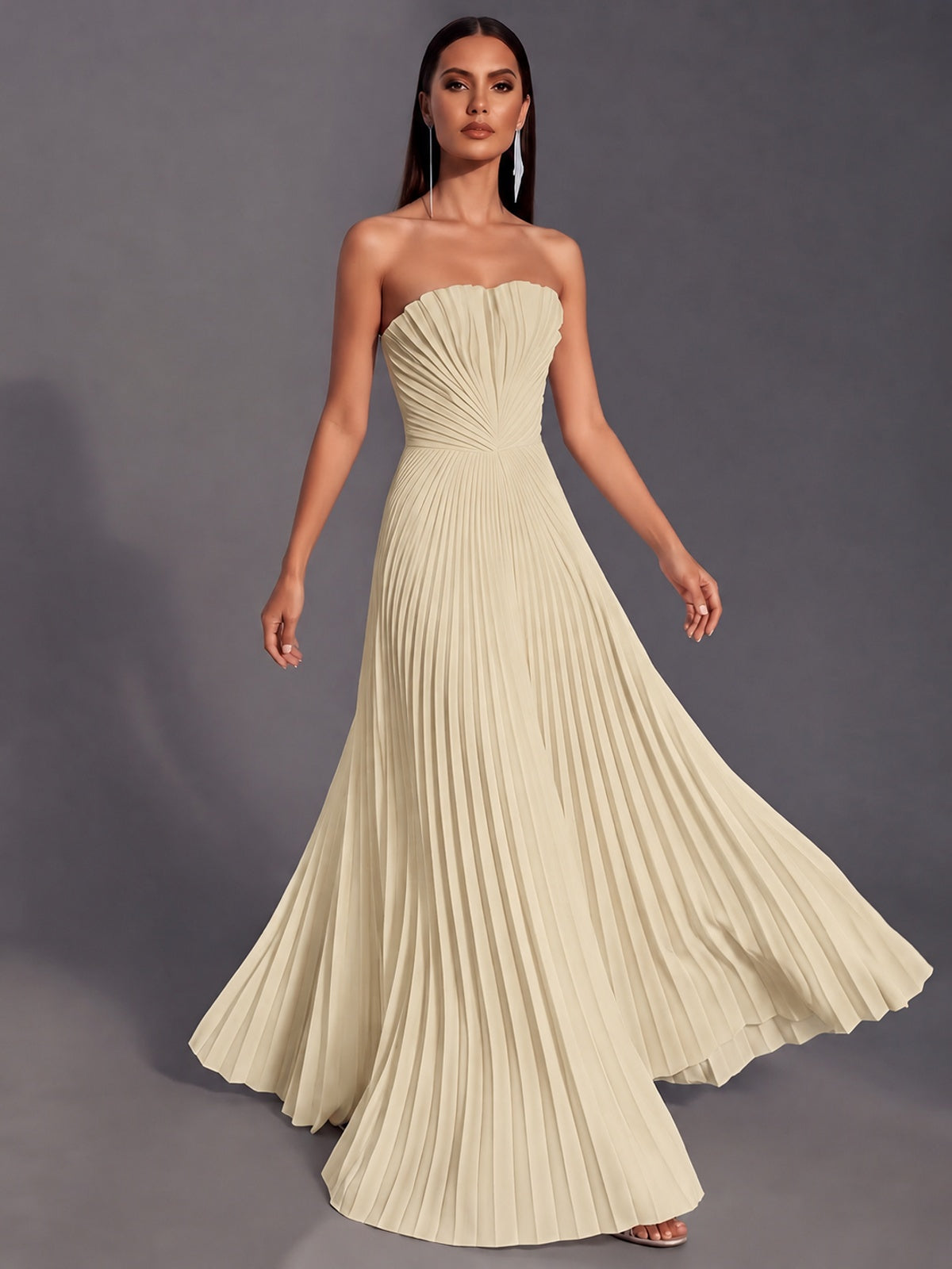 Strapless A-line Long Pleated Satin Prom Dress