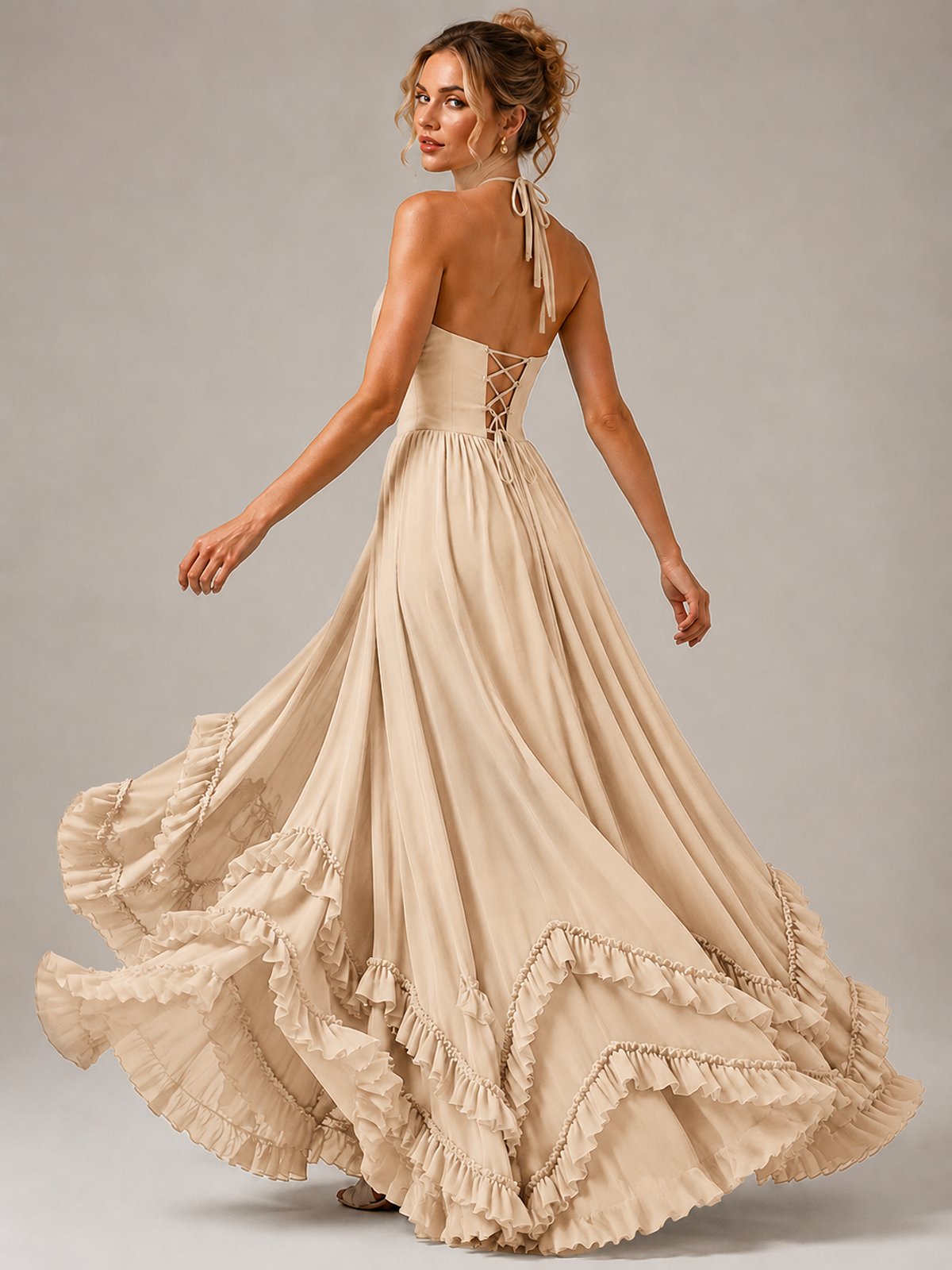 Halter V Neck Chiffon Formal Dress with Lace-Up Back and Ruffle Hem