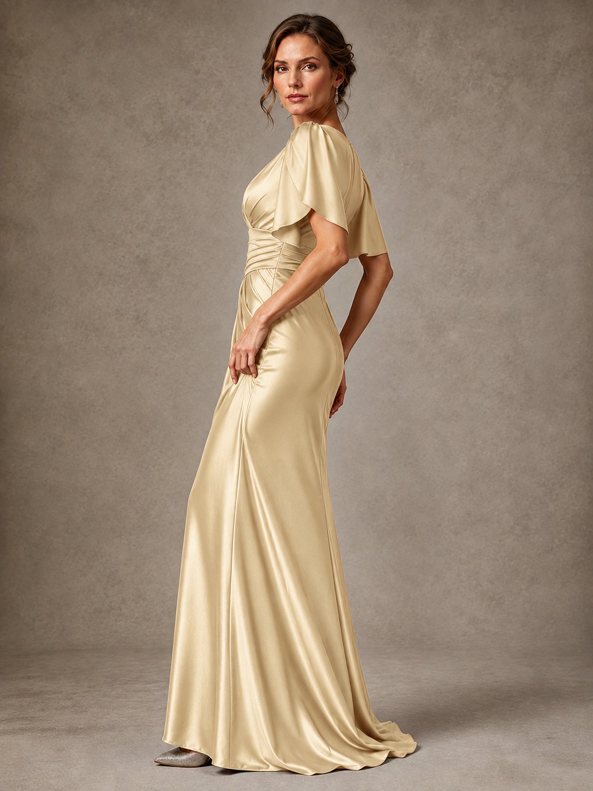 V-Neck Satin Mother of the Bride Dress with Flutter Sleeves