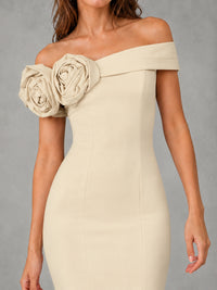 Blush Pink Off Shoulder Mermaid Bridesmaid Dress with Floral Rosette