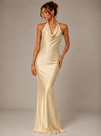 Olive Green Halter Satin Mermaid Maxi Dress