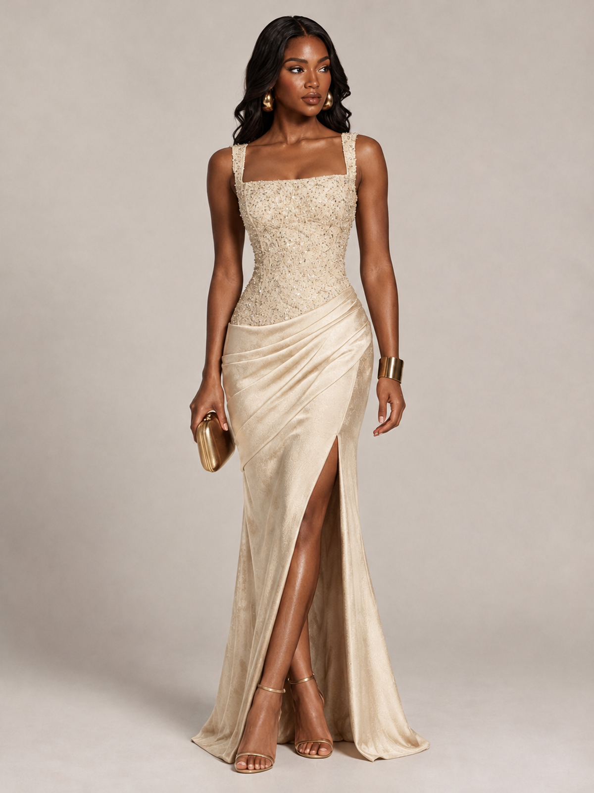 Scoop Neck Sequin Prom Dress with High Slit Satin Formal Gowns