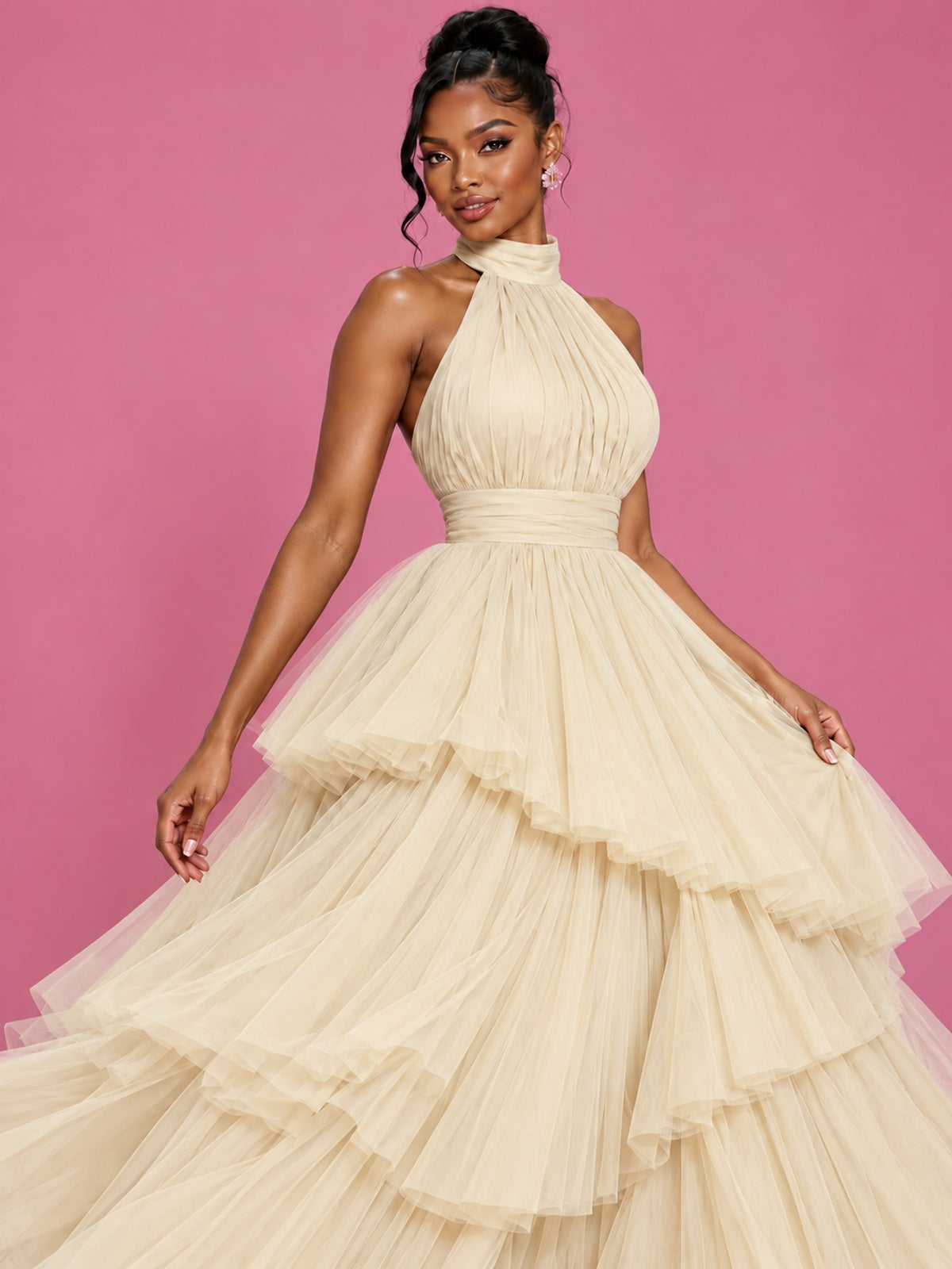 Hot Pink Tulle Halter Neck Tiered Ruffle Maxi Dress