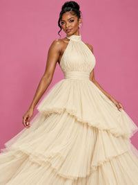 Hot Pink Tulle Halter Neck Tiered Ruffle Maxi Dress