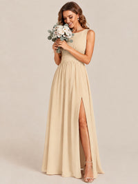 A-line Sleeveless Rucehd Chiffon Bridesmaid Dress with High Slit