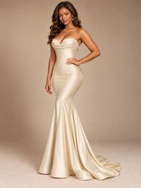 Red Strapless Satin Mermaid Prom Dress with Corset Bodice