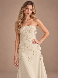 Yellow Strapless A-line Satin Maxi Dress with 3D Floral