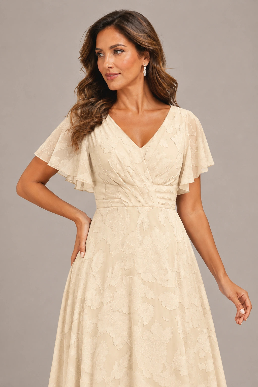 Jovellee Floral Chiffon A-Line Mother of the Bride Dress with Flutter Sleeves