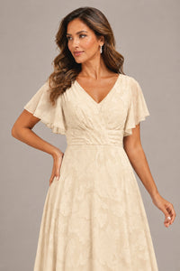 Jovellee Floral Chiffon A-Line Mother of the Bride Dress with Flutter Sleeves