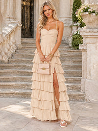 Ruffled Tiered Chiffon Prom Dress Spaghetti Straps Formal Maxi Dress with Slit