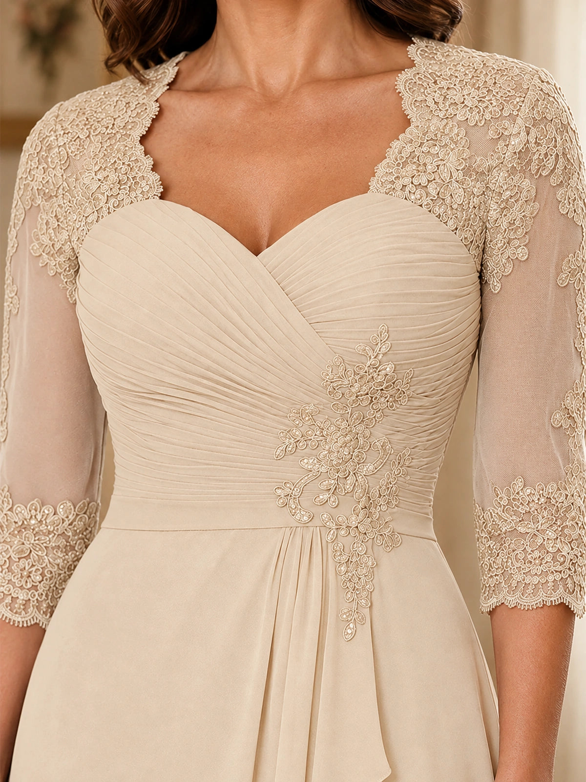 Chiffon Lace Applique Mother of the Bride Dress with 3/4 Sleeves