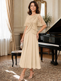 Tea-Length Chiffon Mother of the Bride Dress with Sequin Lace Sleeves
