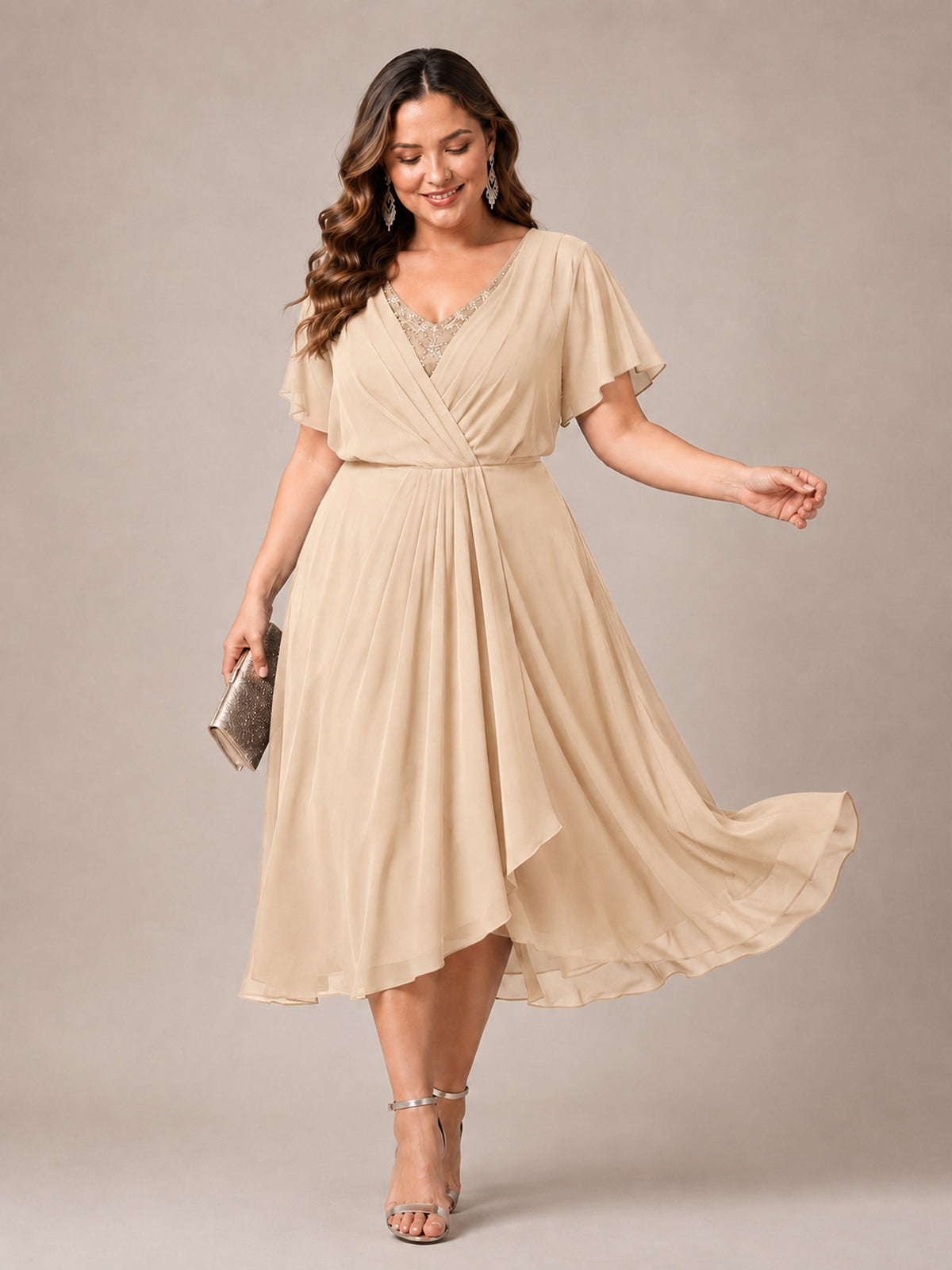 Navy Blue A-Line V-Neck Tea-Length Mother of the Bride Dress