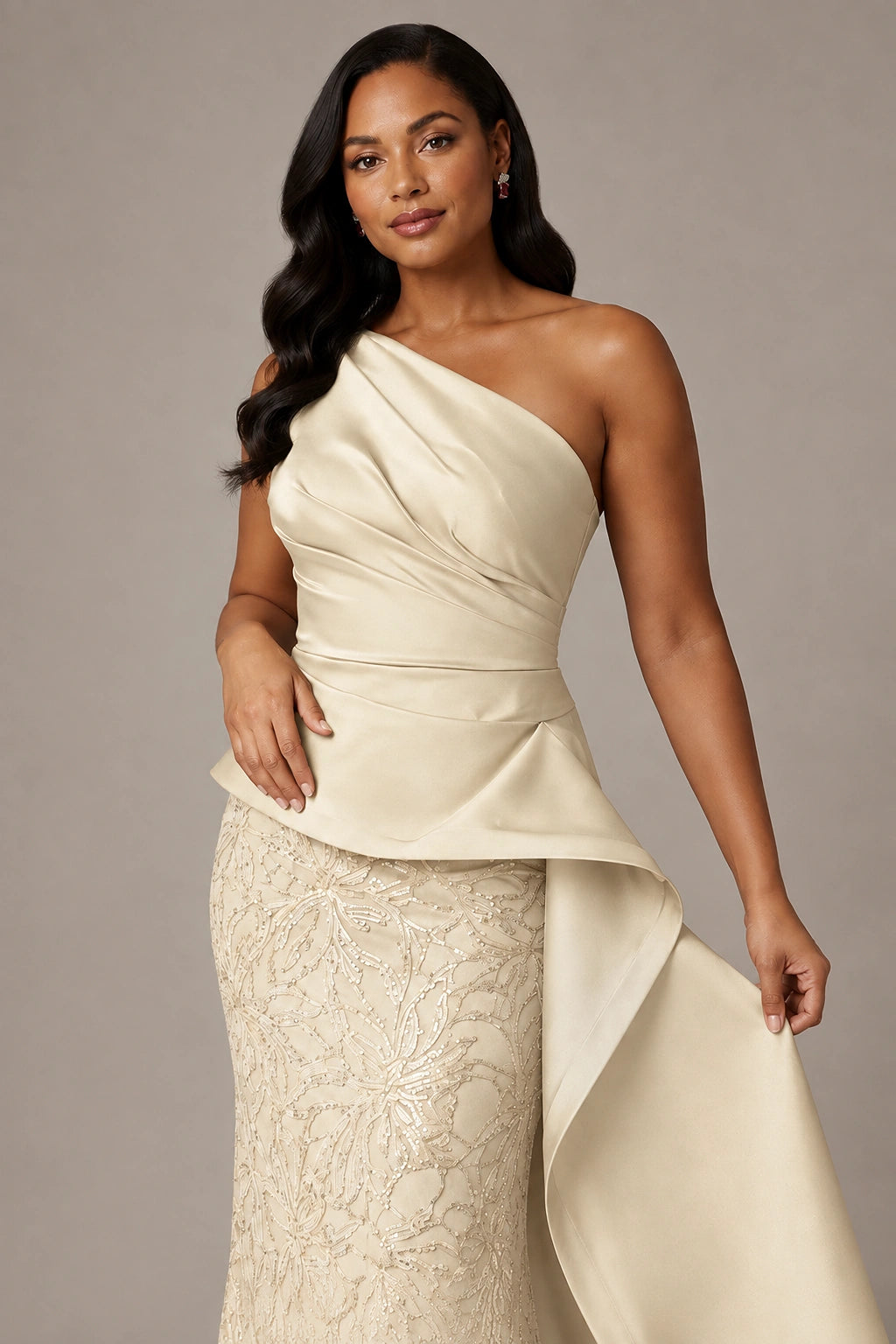 One-Shoulder Mother of the Bride Dress with Sequin Skirt and Peplum
