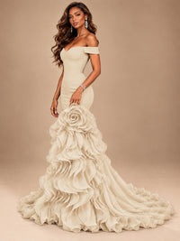 Dusty Blue Off-the-Shoulder Mermaid Prom Dress with 3D Rose & Ruffles