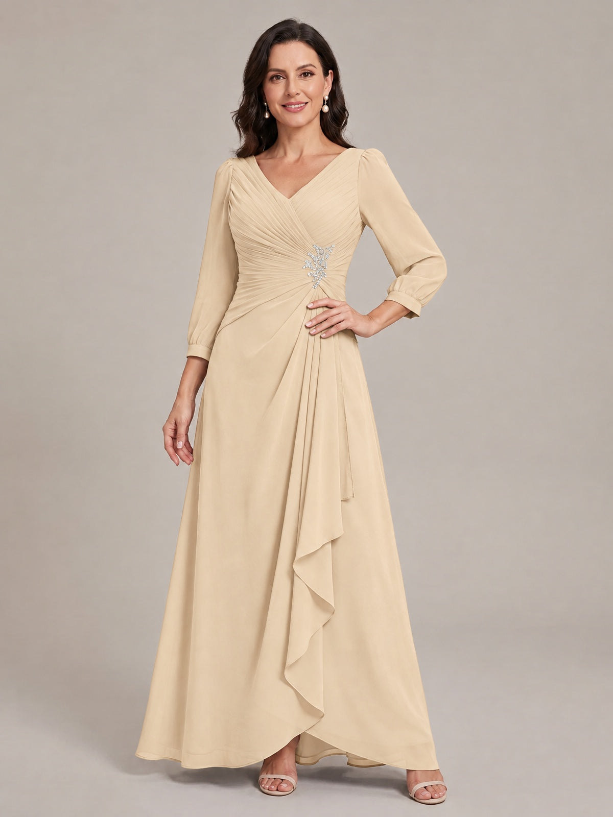 V-Neck Pleated Chiffon Mother of the Bride Dress with Flutter Sleeves