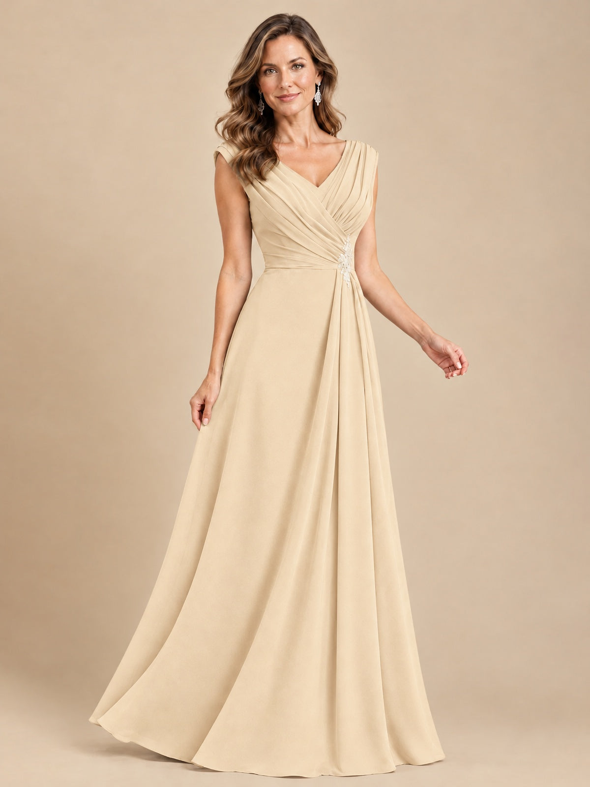 V Neck Pleated Mother of The Bride Dresses with Beading Cap Sleeves